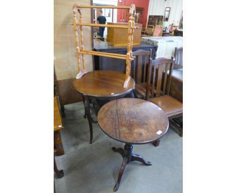 A George III oak tilt-top tripod table, an Edward VII mahogany occasional table and a pine towel rail 