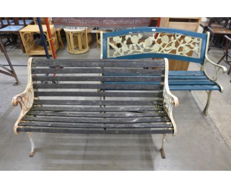 Two cast iron ended garden benches 