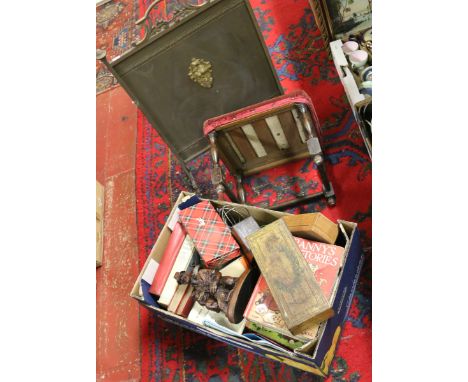 A brass firescreen upholstered stool and a box of collectables including childrens books, pewter, playing cards and decorativ