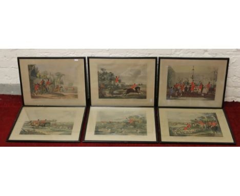 A collection of six framed hunting prints.