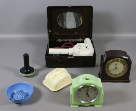 An Art Deco Smith green bakelite electric alarm clock, another Smiths clock, cased hair dryer and other bakelite.