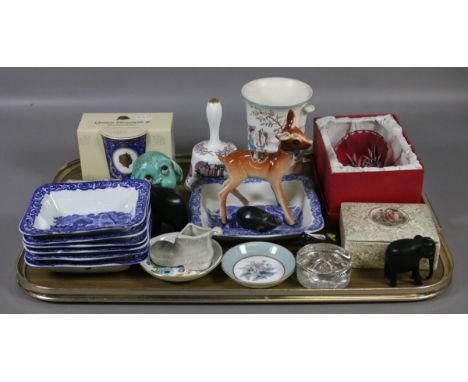 A tray of collectable china and glass to include ruby crystal, Royal Worcester and Hammersley examples.