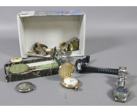 A box of assorted ladies and gents wristwatches and pocket watches along with decorative jade coloured hardstone hand mirror.