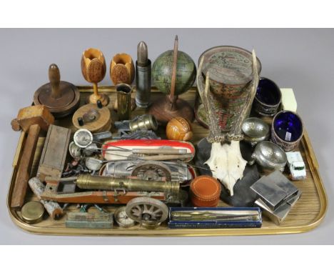 A tray of collectables including Hohner harmonica, drawing instruments, hair pins and mounted antlers etc.