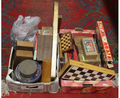 Two boxes of vintage games including chess sets, marbles and bagatelle board etc.