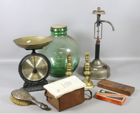 A mixed lot of collectables including silver backed brush, Salter family scale, cased Brownie camera, glass carboy and boxed 