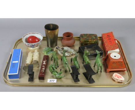 A tray lot of oriental collectables to include six green glazed horses and a cased harmonica along with a clossione box and j