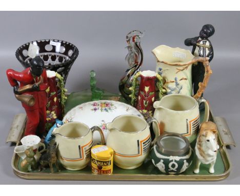 A tray of collectables to include Art glass , Wedgwood, Sylvac Collie dog, Minton, Goebel, Arthur Wood Kingfisher jug and cer