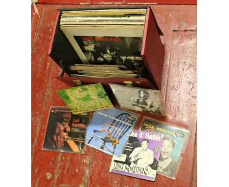 A case of L.P records and 45 rpm singles some with picture scenes various jazz and country artist including Louis Armstrong, 