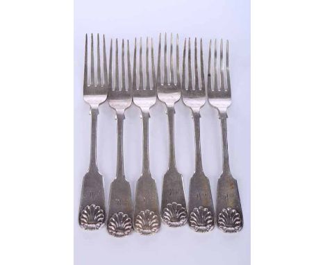 SIX VICTORIAN SCOTTISH SILVER FIDDLE AND SHELL PATTERN TABLE FORKS 
maker James McKay, Edinburgh 1846, each handle engraved w