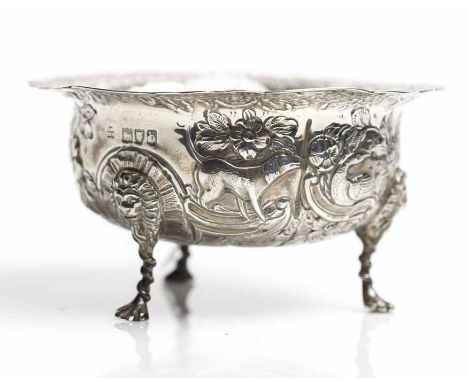 EDWARDIAN SILVER BOWL
maker James Wakely & Frank Clarke Wheeler, London 1897, of circular form, embossed with animal figures 