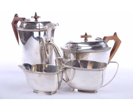 ART DECO SILVER PLATED FOUR PIECE TEA SERVICE 
maker Stower & Wragg, Sheffeild, active circa 1934-67, of of tall rectangular 