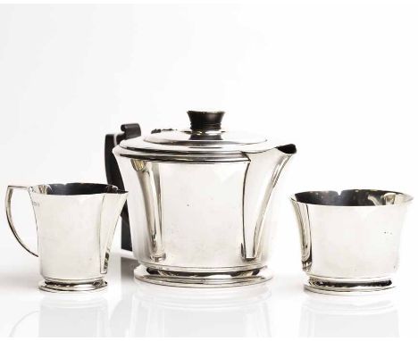 ART DECO SILVER THREE PIECE TEA SERVICE
maker Edward & Sons, Birmingham 1938, of stylised squat circular form, approximately 