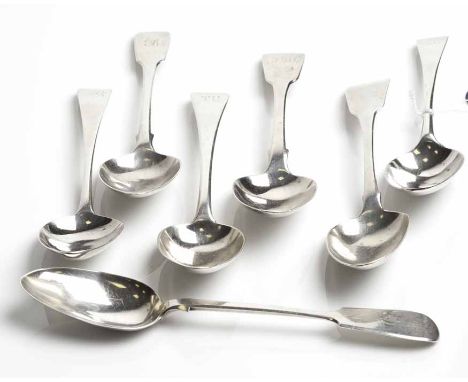 SEVEN 18TH/19TH CENTURY SILVER TABLESPOONS
including an early George III Old English pattern spoon, maker's mark 'S.J', Londo