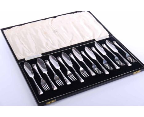 SET OF EIGHT SILVER FISH KNIVES AND FORKS
maker R & W Sorley, Sheffield 1936, Old English pattern, handles engraved with init