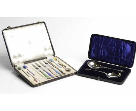 SET OF SIX SILVER AND GUILLOCHE ENAMEL TEASPOONS AND FIVE BUTTER KNIVES
maker Turner & Simpson Ltd, Birmingham 1932, spoons a