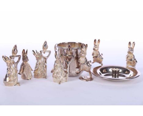 NINE MODERN BEATRIX POTTER CHARACTER SILVER ITEMS
maker Mappin & Webb Ltd, Sheffield 1998, eight figures modelled after the c