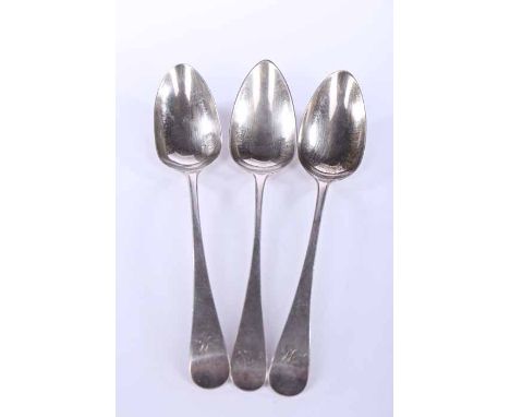 THREE GEORGE III OLD ENGLISH PATTERN TABLE SPOONS 
two by maker William Sumner I, London 1795, one by maker Thomas Wallis II,