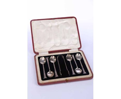SET OF SIX GEORGE V SILVER TEASPOONS AND TONGS
maker R F Mosley & Co, Sheffiled 1923, handles in the form of Ancient Egyptian