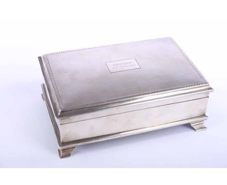 SILVER JEWELLERY BOX
maker Adie Brothers Ltd, Birmingham 1928, with engine turned lid, engraved 'Frances 20th June 1934', woo