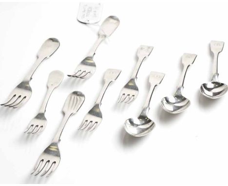 LOT OF 19TH CENTURY SILVER FIDDLE PATTERN FLATWARE
including a set of three dessert spoons and two dessert forks, each handle