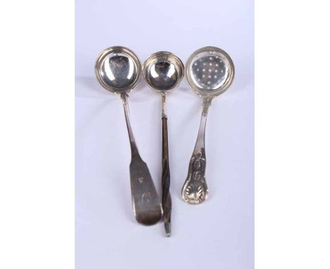 THREE 19TH CENTURY SILVER LADLES
including a George IV Scottish silver fiddle pattern sauce ladle, maker William Hannay, Glas