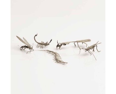 FIVE UNUSUAL WHITE METAL INSECT FIGURES
unmarked, possibly of South American origin, including a praying mantis, a scorpion, 