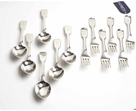 SET OF SIX WILLIAM IV SILVER FIDDLE PATTERN DESSERT SPOONS
maker John James Whiting, London 1837, each handle engraved with i