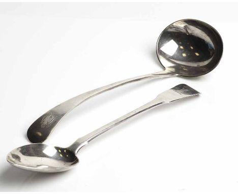 GEORGE III SILVER FIDDLE PATTERN GRAVY SPOON
maker Robert Rutland, London 1807, handle engraved with heraldic pheonix flighti