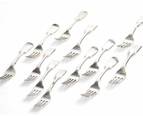 SET OF SIX VICTORIAN SILVER FIDDLE PATTERN TABLE FORKS
maker Charles Lias, London 1842, one fork of different maker dated 184