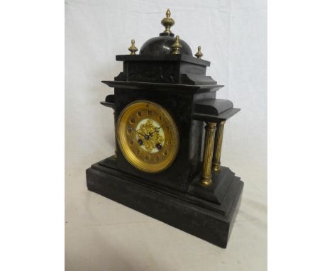 A Victorian mantel clock with gilt circular dial by Blurton of Stourbridge in black slate and brass mounted pavilion style ca