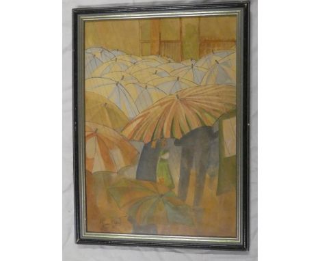 K**Knight - watercolourNumerous umbrellas in the rain, signed, 14½" x 10"