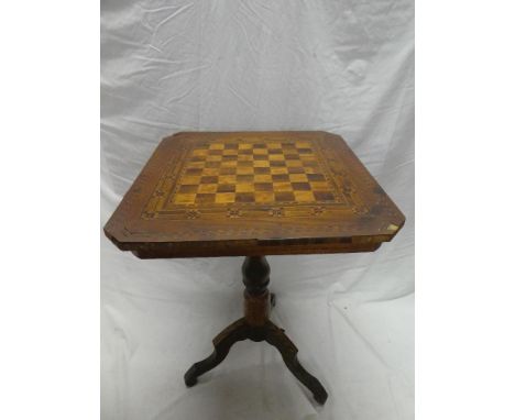 A 19th Century inlaid walnut square occasional table with inset games board top on turned column with tripod base