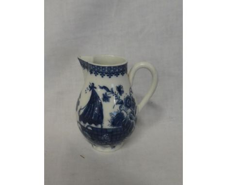An 18th Century Caughley china tapered jug with blue &amp; white figure and landscape decoration, (slight damage), 4¼" high