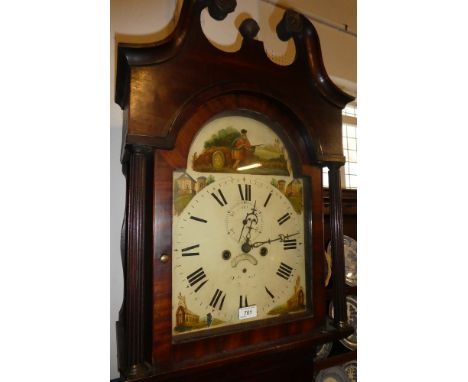 A 19th Century longcase clock with 12" painted arched dial, eight day movement in mahogany traditional case
