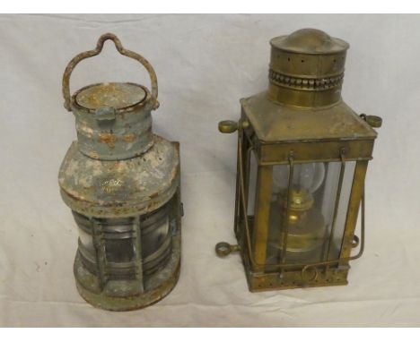 An old painted galvanised ships launch lamp and a brass marine-style square section lamp (2)