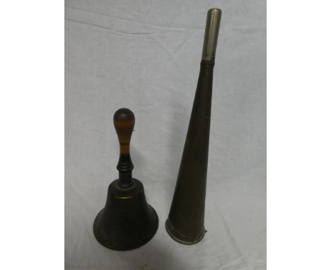 An old bronze school-style bell with turned handle and an old copper conical hooter (2)