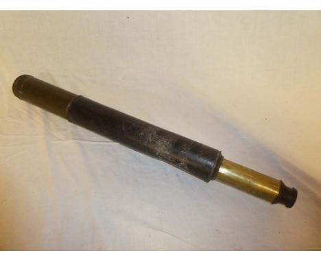 A 19th Century brass single-draw telescope with leather clad body, 37" long overall