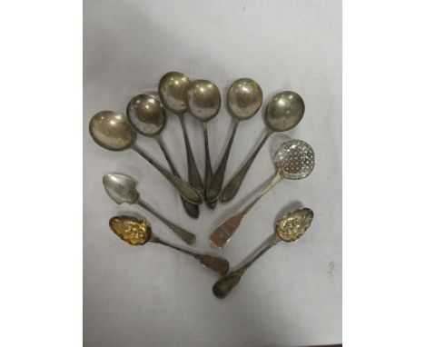 A George IV silver fiddle pattern sifting ladle, London marks, 1820; a pair of George III silver berry teaspoons, London mark