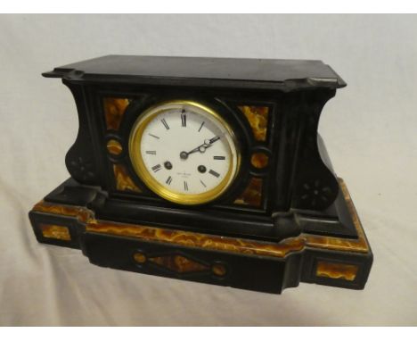 A late 19th Century French mantel clock by Henry Marc of Paris with enamelled circular dial in marble and black slate rectang