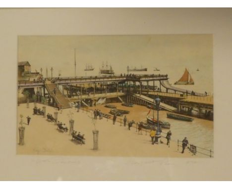 A coloured lithograph of a pier scene with figures, signed Roger Deacons 1898