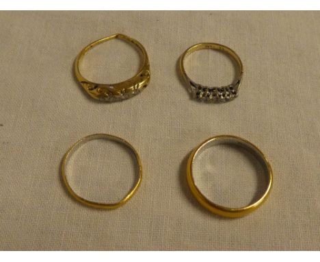 An 18ct gold engagement ring set five small diamonds; 18ct gold dress ring set diamonds (damaged) and two platinum lined gold