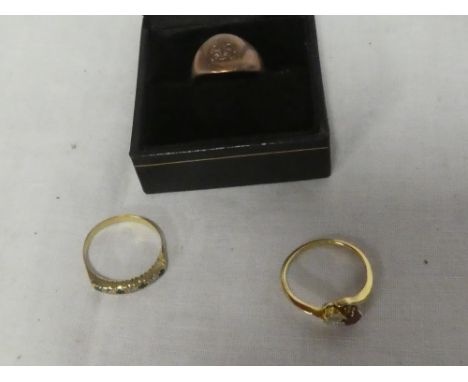 A gold dress ring set diamond and ruby, 9ct gold signet-style dress ring and one other (3)