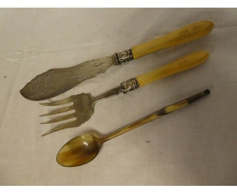 A pair of Victorian silver fish serving implements with engraved decoration and bone handles, Sheffield marks 1867 and a 19th