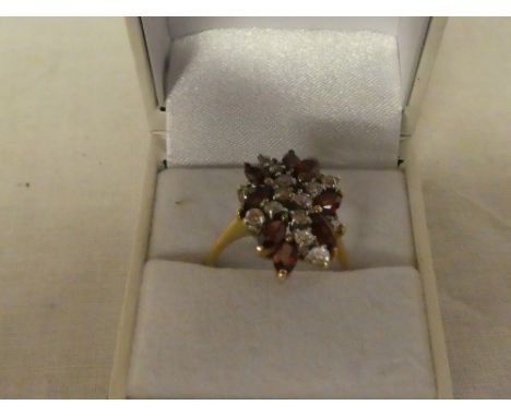 A 9ct gold red &amp; white stone cluster dress ring