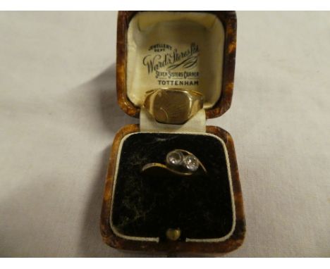 An 18ct gold and platinum mounted dress ring set two diamonds and a 9ct gold signet-style ring (2)