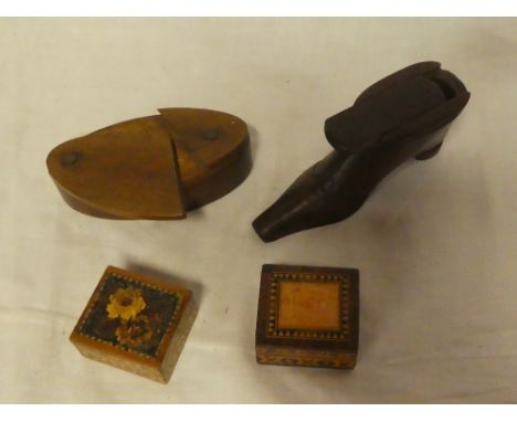A 19th Century carved wood snuff box in the form of a shoe, two Tunbridgeware miniature boxes and one other (4)