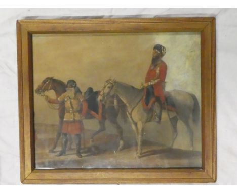 A 19th Century coloured lithograph of two Indian Army Cavalry soldiers with horses, framed and glazed