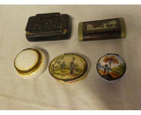 A late 18th/early 19th Century enamelled oval pocket box, the lid decorated with a male and female; early 19th Century porcel