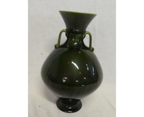 An Linthorpe pottery Christopher Dresser design tapered two handled vase with green glazed decoration, 11" high